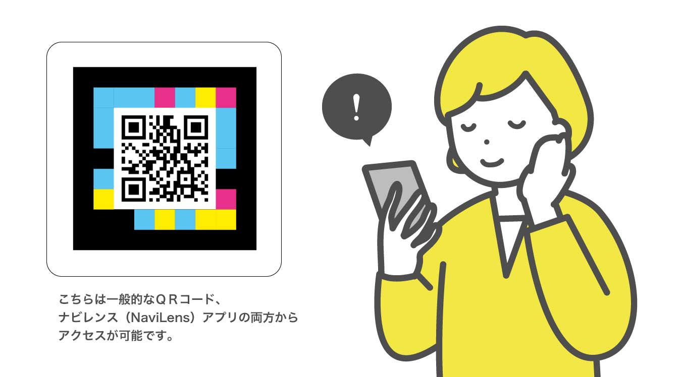 輝色のナビレンスタグの画像。こちらは一般的なQRコード、ナビレンス(NaviLens)アプリの両方からアクセスが可能です。